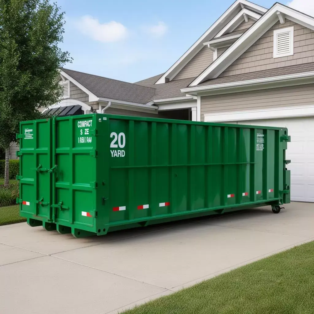 20-yard roll-off dumpster parked on a concrete home driveway